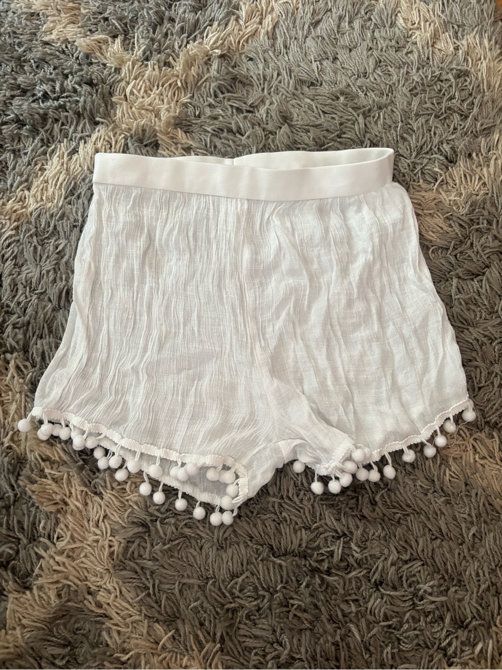 White Pom-Pom Trim Swim Coverup Shorts